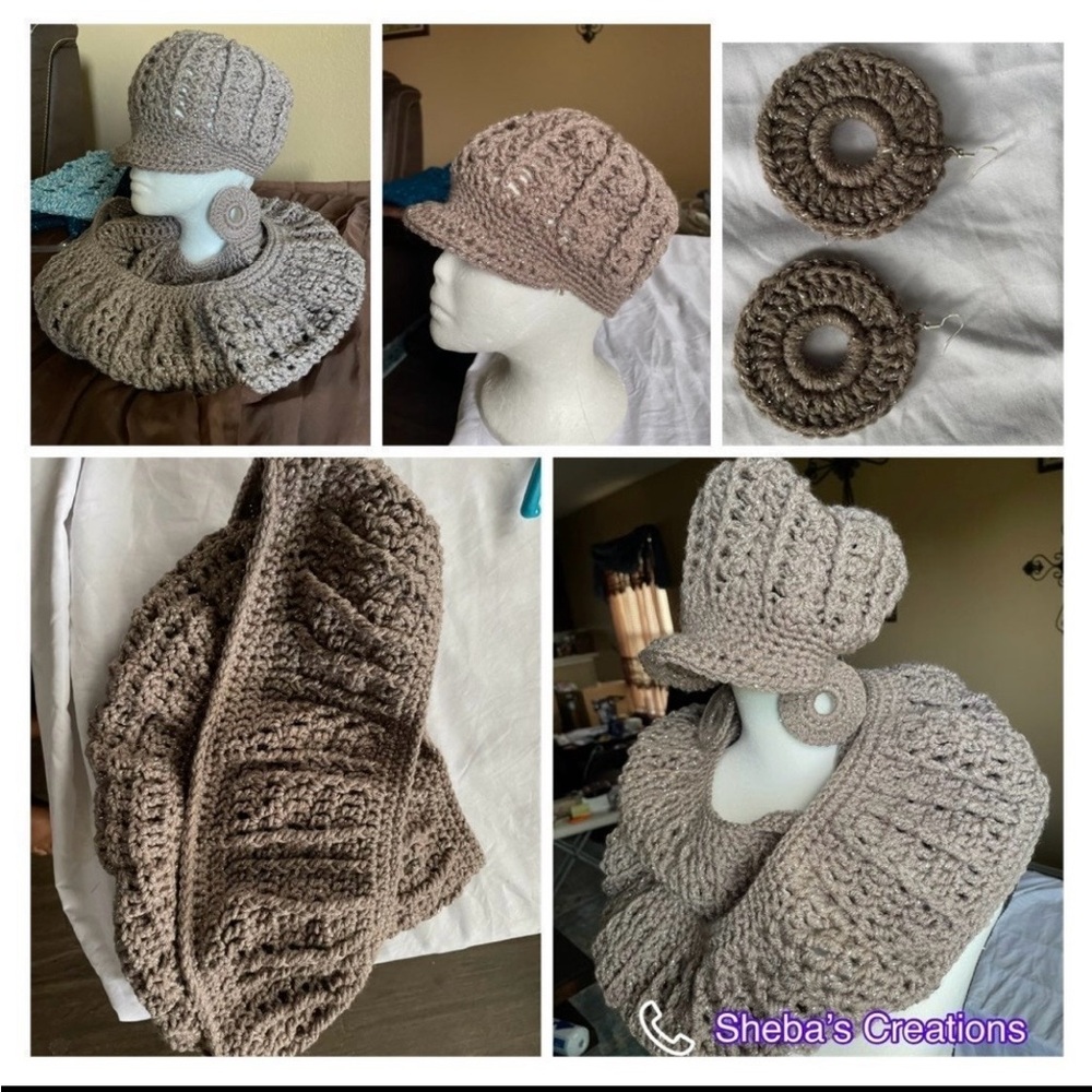 Tan Crochet Scarf and Hat Set